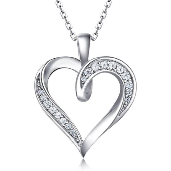 Silver Love Heart Necklace 925 Sterling Silver Platinum Plated Round - Picture 1 of 7